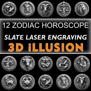 12 Zodiac Horoscope 3D Illusion Slate Coaster Engraving