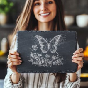 Butterfly and Flower Slate Cheese Board Laser Engraving