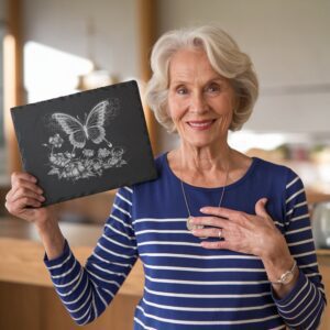 Butterfly and Flower Slate Cheese Board Laser Engraving