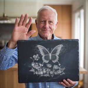Butterfly and Flower Slate Cheese Board Laser Engraving