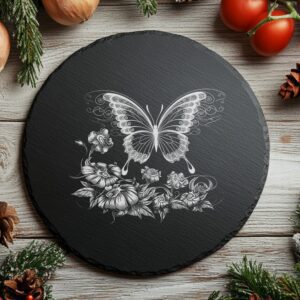 Butterfly and Flower Slate Cheese Board Laser Engraving