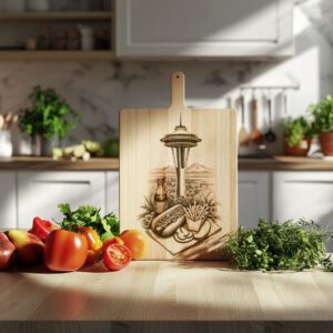 Charcuterie Board Engraving, Hotdog Stand and Space Needle,