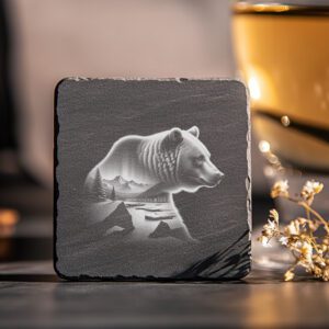 Sous-verre en ardoise des montagnes aux ours, double exposition, design, gravure laser d'art naturel