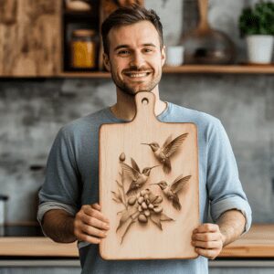 Hummingbird Family 3D Illusion Charcuterie Board Laser Engraving
