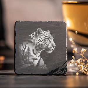 Dessin de dessous de verre en ardoise, motif gravé au laser, cadeau d'art double exposition forêt de jaguar.