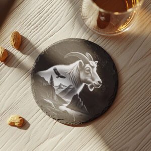 Gravure sur dessous de verre en ardoise, Double exposition de chèvre de montagne, Art animalier de la nature