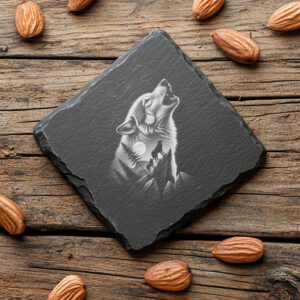 Fichier de gravure pour dessous de verre en ardoise, Double exposition Lune de loup, Art animalier pour DIY