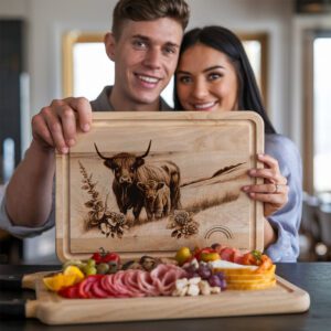 Charcuterie Board Engraving File, Highland Cow Family, Rustic