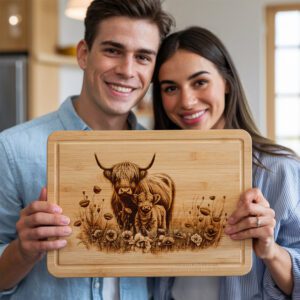 Charcuterie Board Engraving File, Highland Cow Poppy Field,