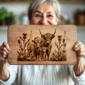 Charcuterie Board Engraving File, Highland Cow Thistle Design,