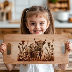 Charcuterie Board Engraving File, Highland Cow Thistle Design,