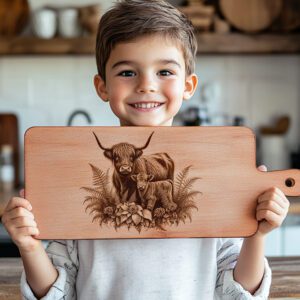 Charcuterie Board Laser Engraving File, Highland Cow Fern