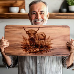 Charcuterie Board Laser Engraving File, Highland Cow Fern