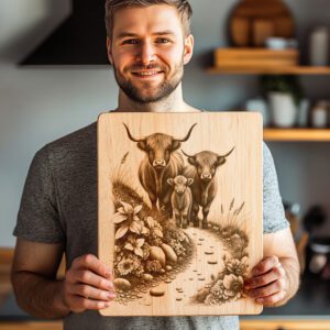 Charcuterie Board Laser Engraving File, Highland Cow Hillside