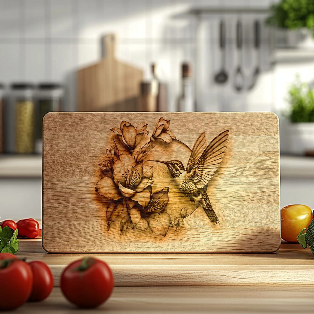 Charcuterie Board Laser Engraving File, Hummingbird Flower Design,