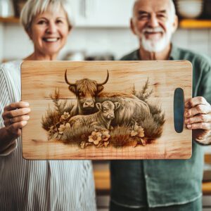 Charcuterie Board Laser Engraving, Highland Cows, Rustic Kitchen