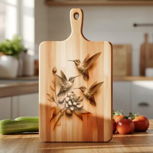 Hummingbird Family 3D Illusion Charcuterie Board Laser Engraving