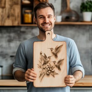 Hummingbird Family 3D Illusion Charcuterie Board Laser Engraving