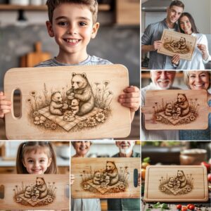 Bear Family Charcuterie Board Laser Engraving Designs, Rustic