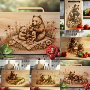 Bear Family Charcuterie Board Laser Engraving Designs, Rustic