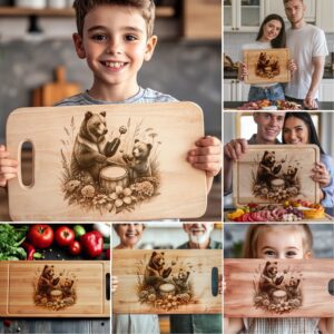 Bear Family Charcuterie Board Laser Engraving Designs, Rustic