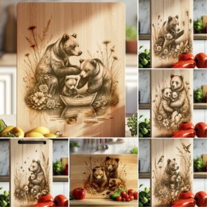 Bear Family Charcuterie Board Laser Engraving Files, Rustic