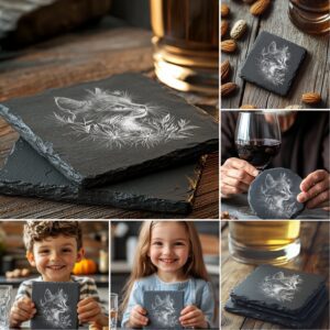 Cat Flora Slate Coaster Engraving Designs, 6 Unique