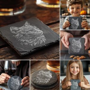 Cat Flora Slate Coaster Engraving Designs, 6 Unique