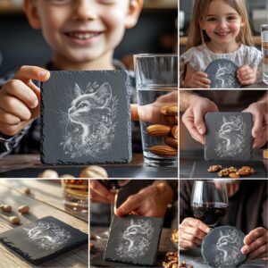 Cat Flora Slate Coaster Engraving Designs, 6 Unique