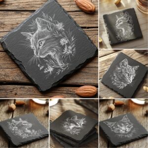 Cat Flora Slate Coaster Engraving Designs, 6 Unique