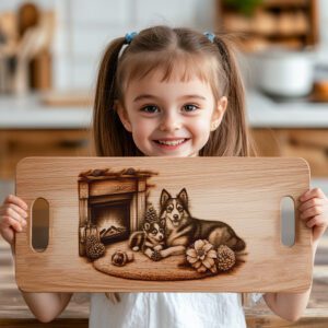 Charcuterie Board Engraving File, Family Dog by Fireplace,