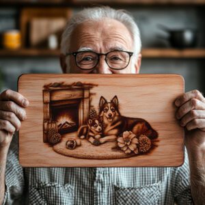Charcuterie Board Engraving File, Family Dog by Fireplace,