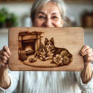 Charcuterie Board Engraving File, Family Dog by Fireplace,