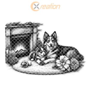Charcuterie Board Engraving File, Family Dog by Fireplace,