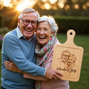 Custom Hand-Drawn Old Couple Portrait for Engraved Chopping