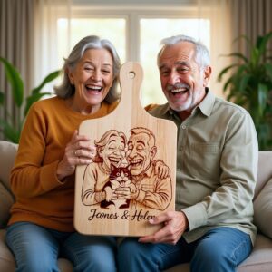 Custom Old Couple Caricature Portrait, Grayscale Engraving Gift