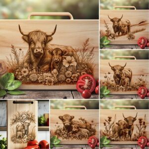 Highland Cow Family Charcuterie Board Engraving Bundle, 6