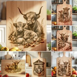 Highland Cow Family Charcuterie Board Laser Engraving Bundle,