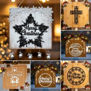 Christmas Door Hanger Bundle, 6 Festive Laser Signs,
