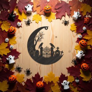 Halloween Ornament Moon Cemetery Scene, Spooky Laser File,