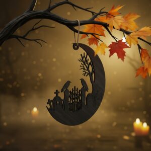 Halloween Ornament Moon Cemetery Scene, Spooky Laser File,