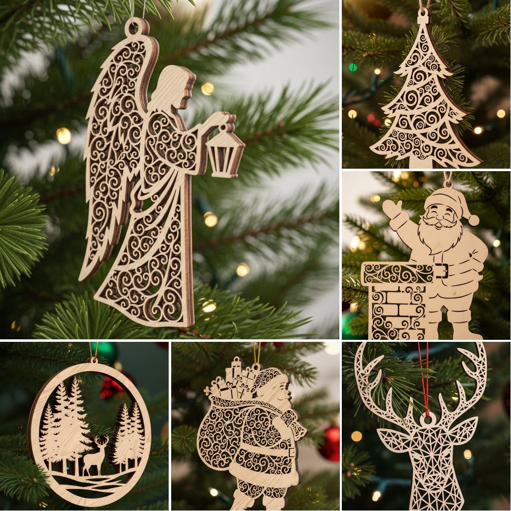 Laser Ornament Bundle, Christmas Tree Decoration Set, Holiday Hanging Decor  6 Designs, image size:1024x1024