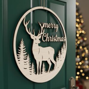 Merry Christmas Deer Door Sign, Festive Front Door
