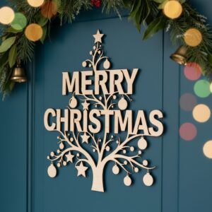 Merry Christmas Tree Door Hanger, Holiday Decor Sign,