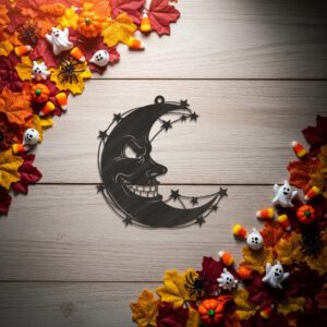 Spooky Crescent Moon Ornament, Evil Face Halloween Decor,