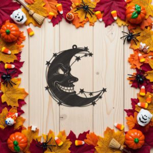 Spooky Crescent Moon Ornament, Evil Face Halloween Decor,