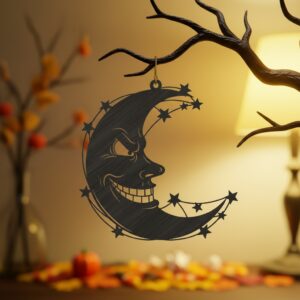 Spooky Crescent Moon Ornament, Evil Face Halloween Decor,