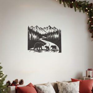 Bear Monogram, Christmas, Mountain Scene Wall Art Metal