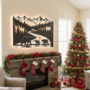 Bear Monogram, Christmas, Mountain Scene Wall Art Metal