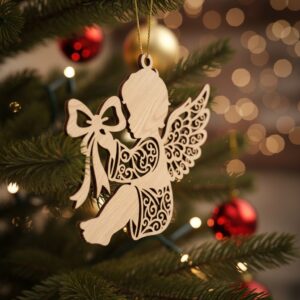 Christmas Angel Ornament, Holding Bow Art, Laser-Precision Design